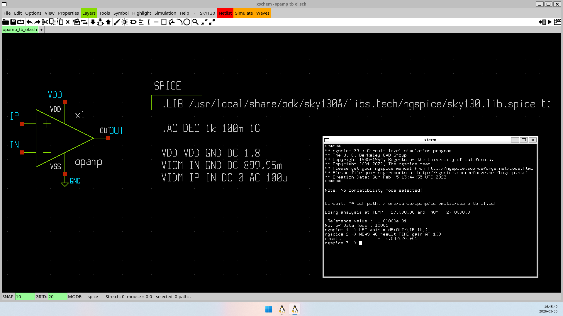 Screen capture of the open-loop testbench